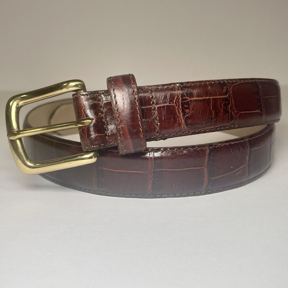 Mens Brown/Burgundy Croc Embossed Leather Belt Solid Brass Buckle USA Size 34